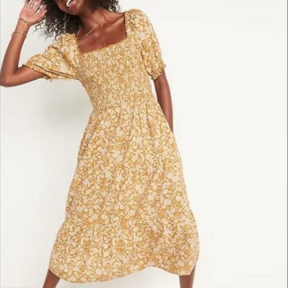 Old Navy floral midi dress with pockets in mustard yellow floral